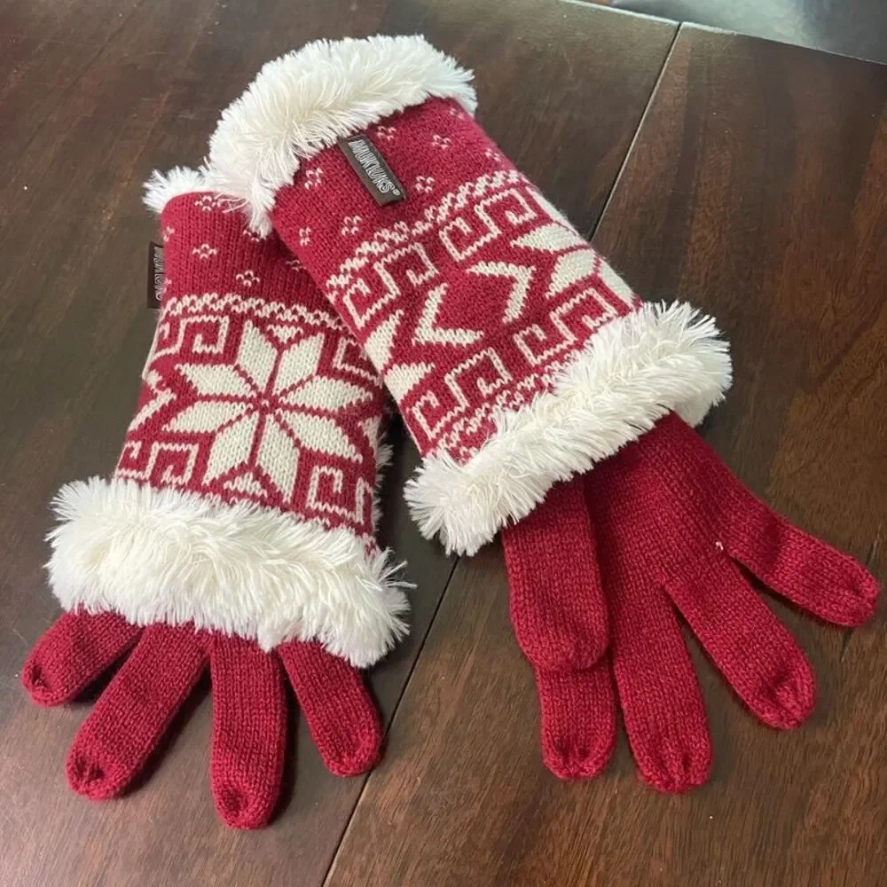 Muk Luks Women Red Cream Knit Snowflake Design Faux Fur Trim Winter Gloves NEW